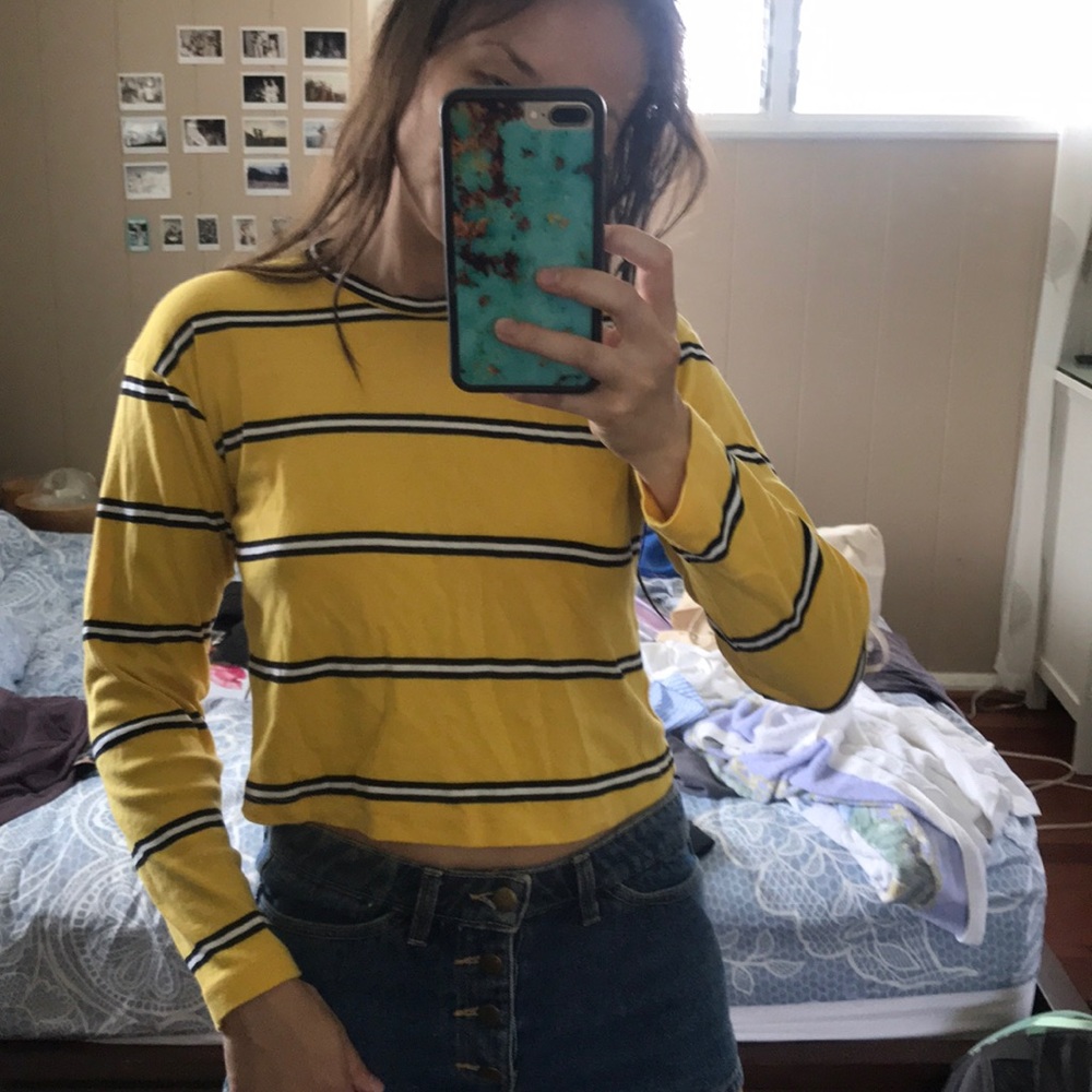 soft 100% cotton black white stripe yellow top